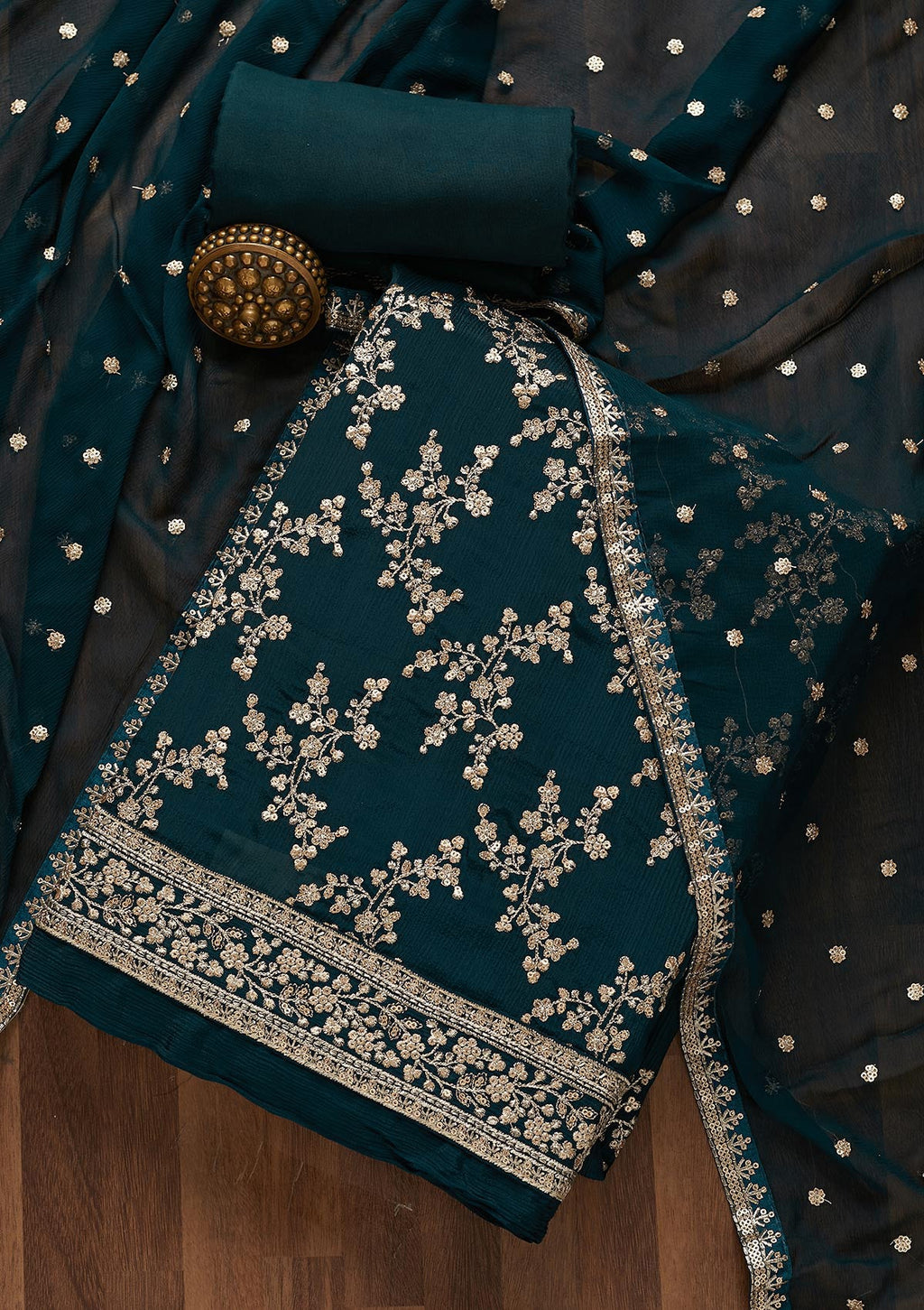 Peacock Blue Zariwork Semi Crepe Unstitched Salwar Suit