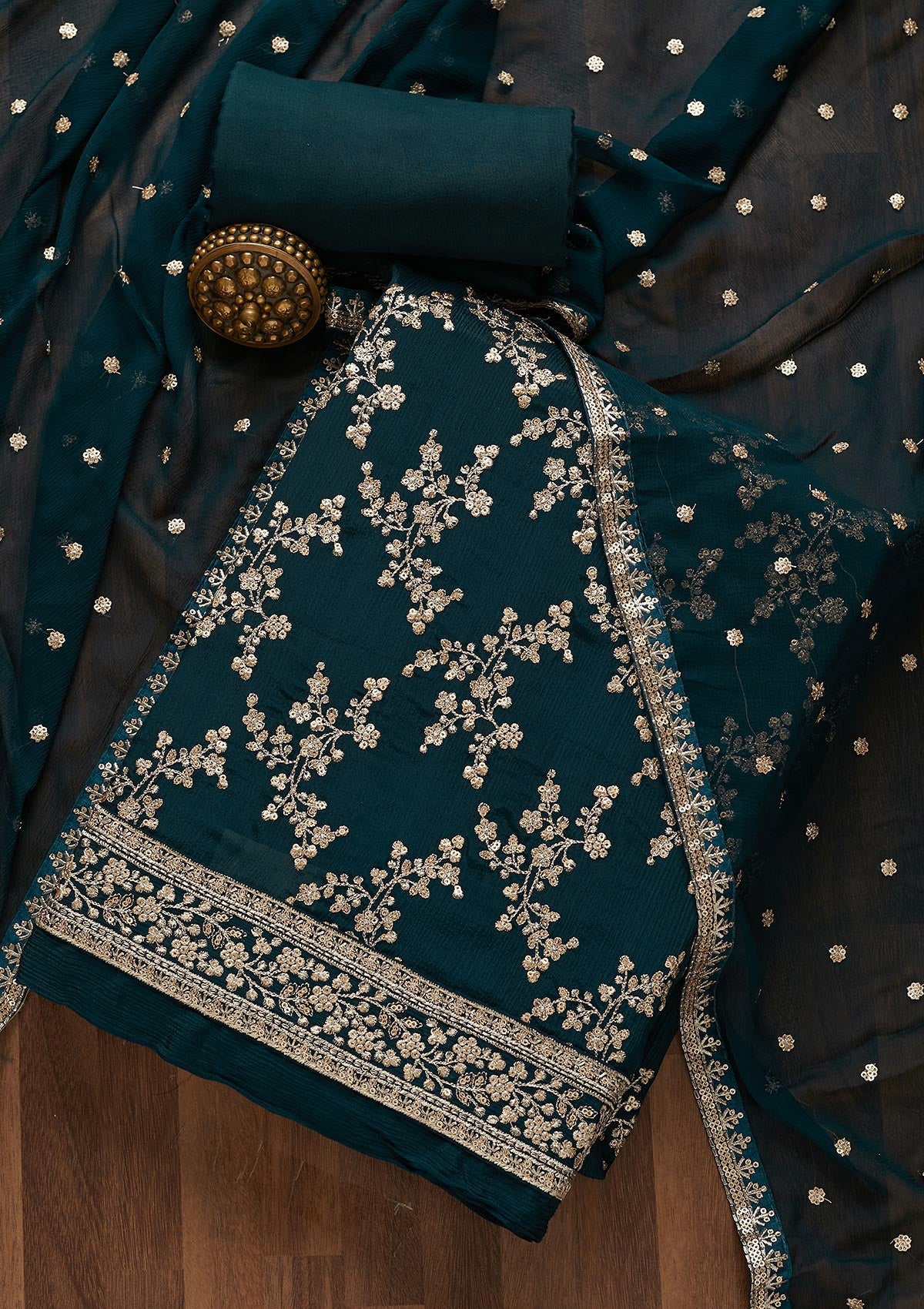 Peacock Blue Zariwork Semi Crepe Unstitched Salwar Suit
