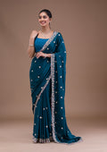Peacock Blue Zariwork (Silver) Crepe Saree