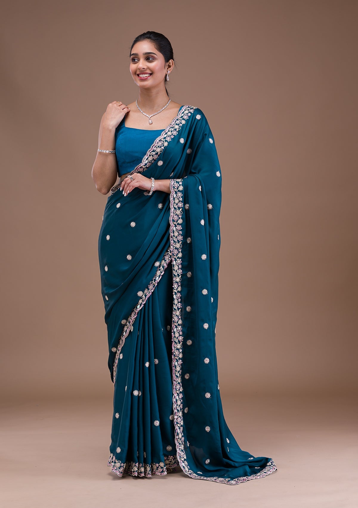 Peacock Blue Zariwork (Silver) Crepe Saree