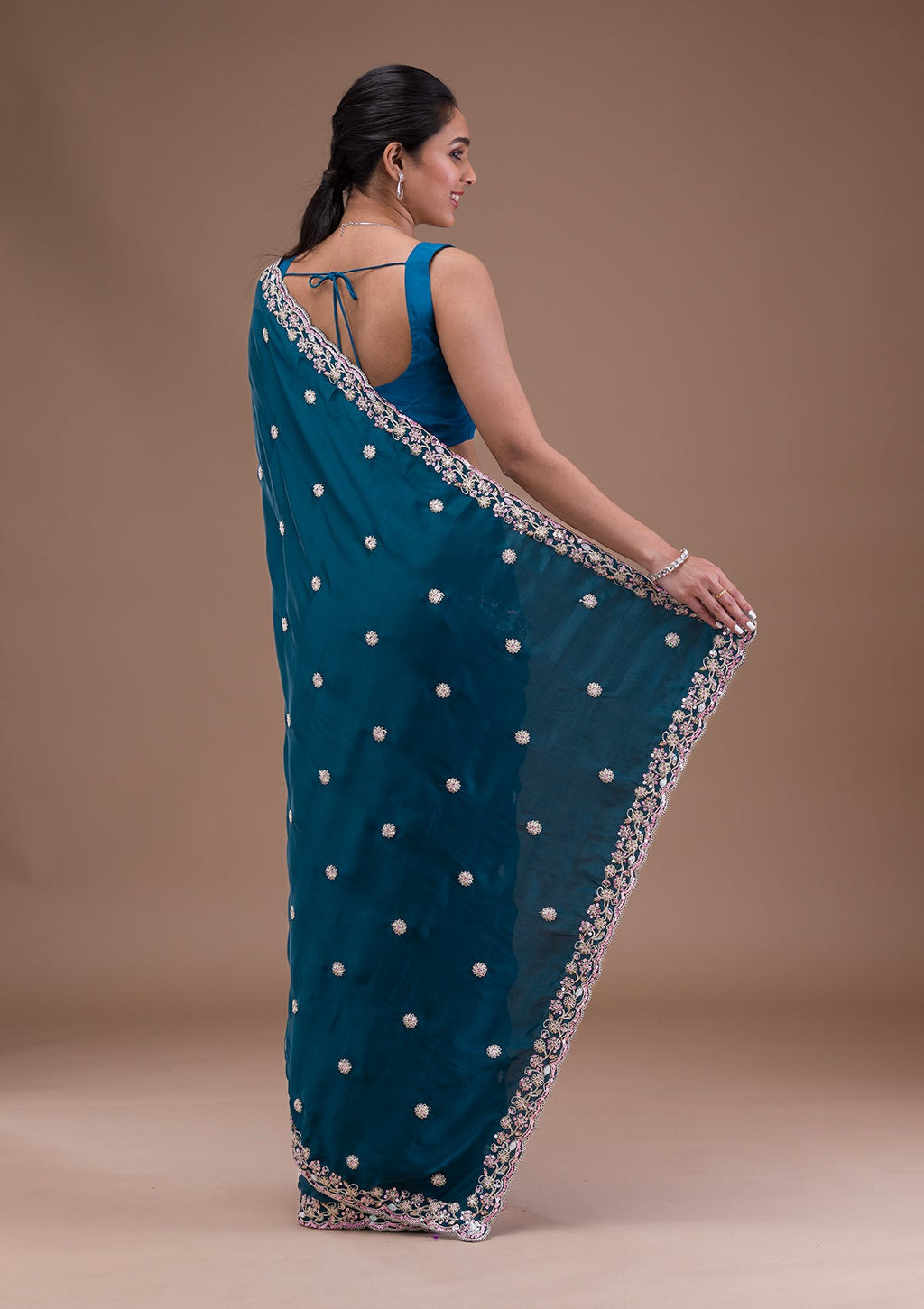Peacock Blue Zariwork (Silver) Crepe Saree