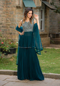 Peacock Blue Mirrorwork Georgette Readymade Sharara Suit