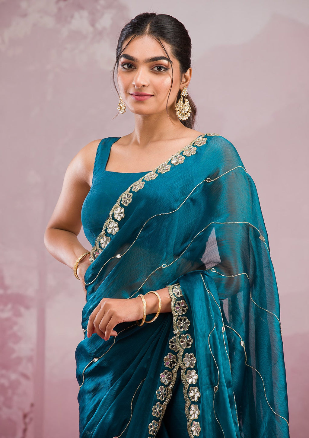 Peacock Blue Mirrorwork Organza Saree