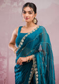Peacock Blue Mirrorwork Organza Saree