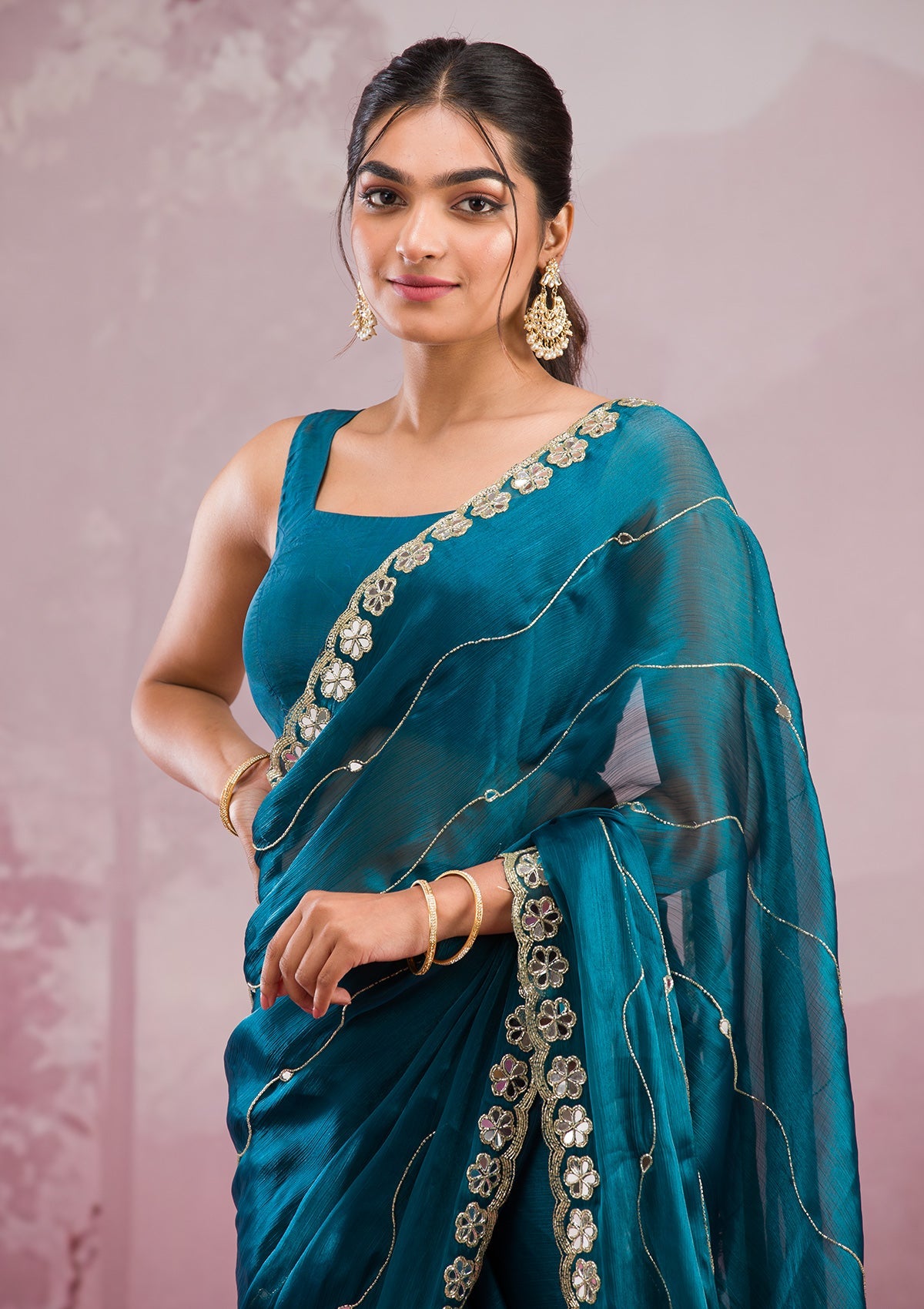Peacock Blue Mirrorwork Organza Saree