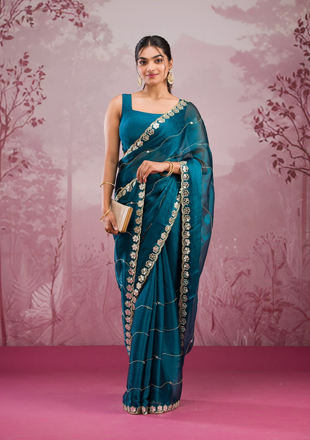 Peacock Blue Mirrorwork Organza Saree