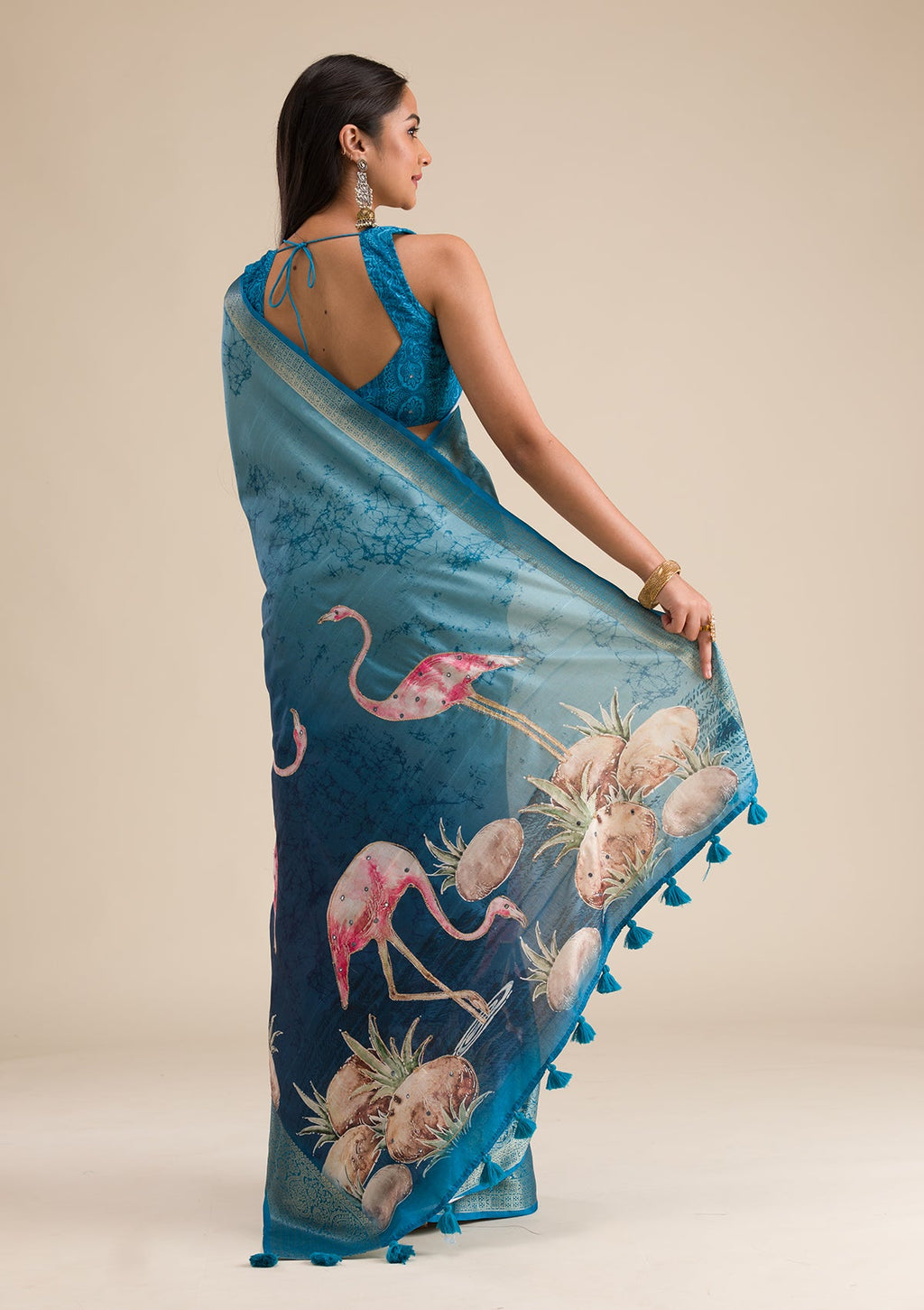 Peacock Blue Plain Tissue Saree