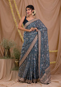 Peacock Blue Threadwork Semi Crepe Saree