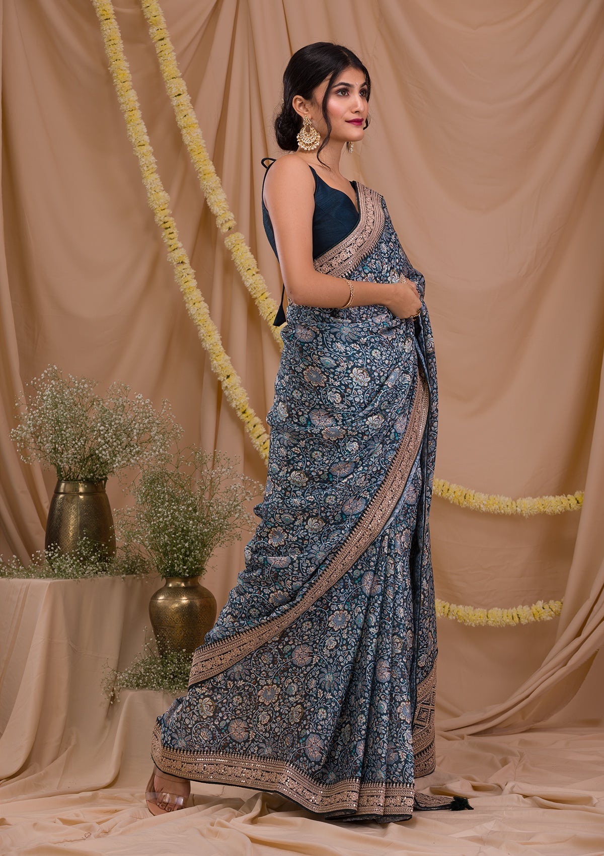 Peacock Blue Threadwork Semi Crepe Saree