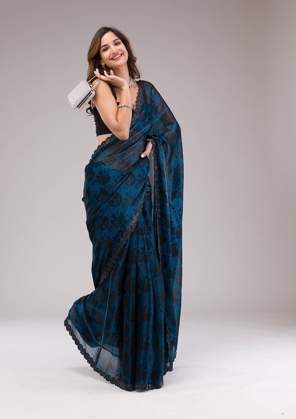 Peacock Blue Swarovski Georgette Saree