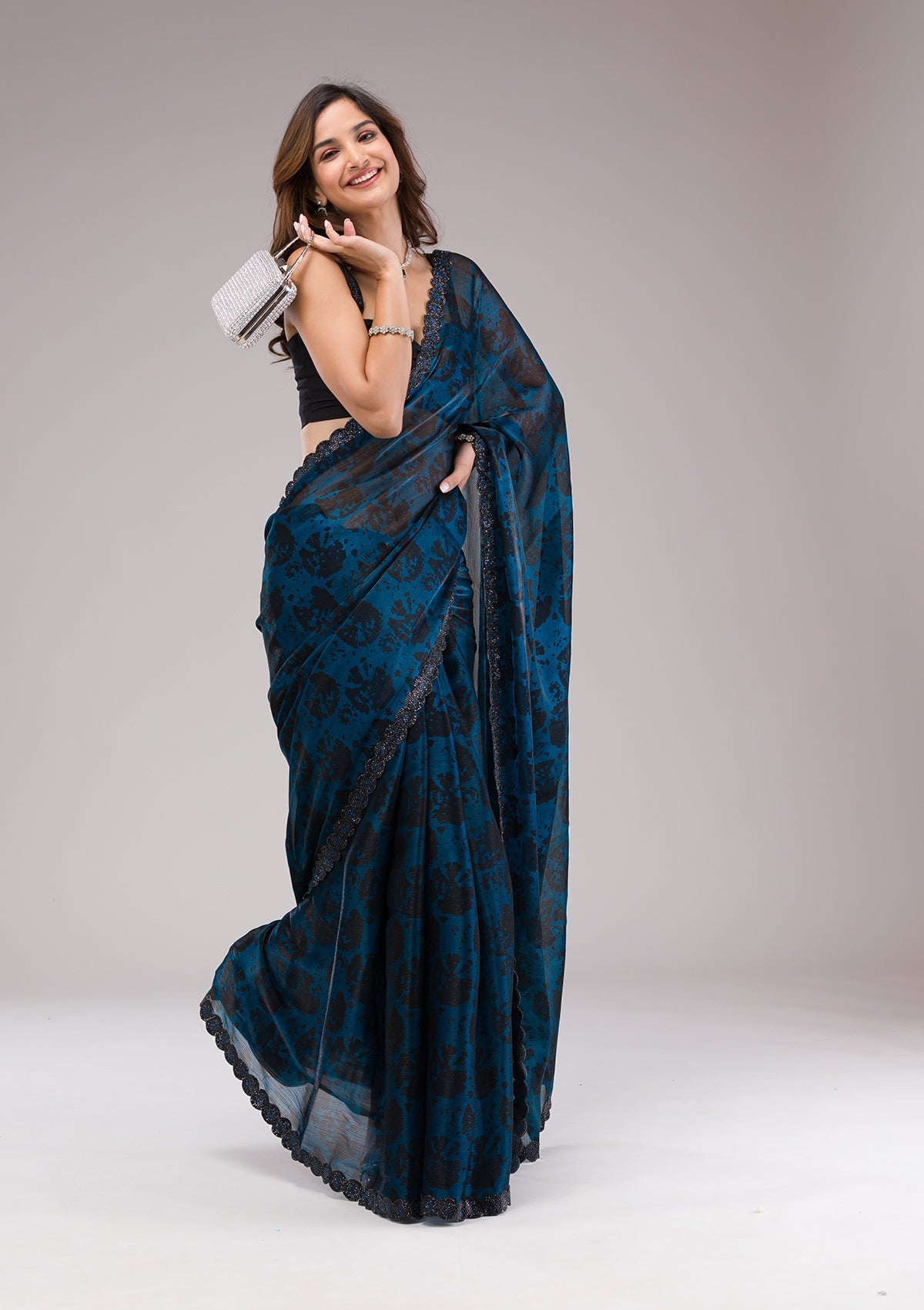 Peacock Blue Swarovski Georgette Saree