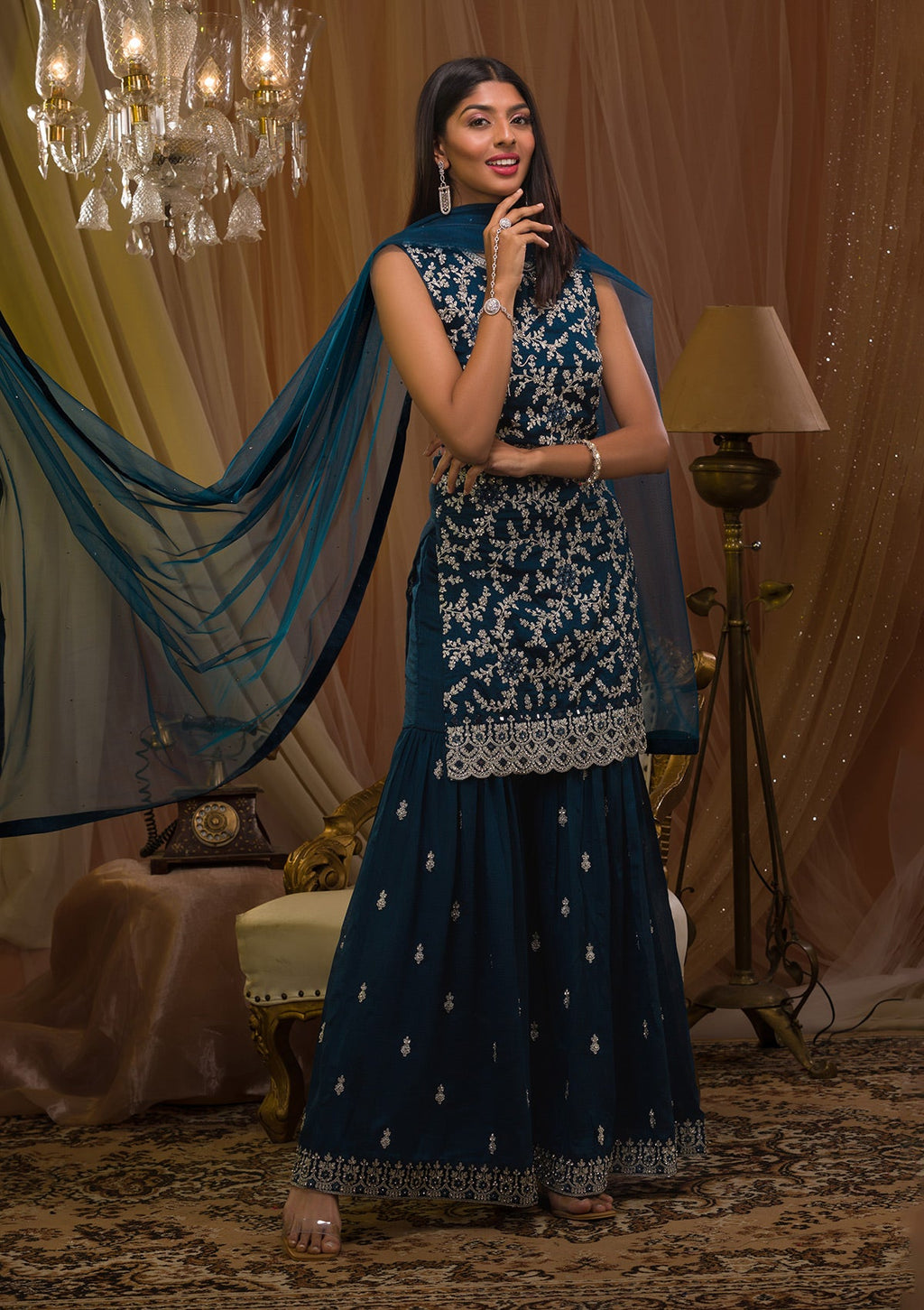 Peacock Blue Zariwork Raw Silk Readymade Sharara Suit