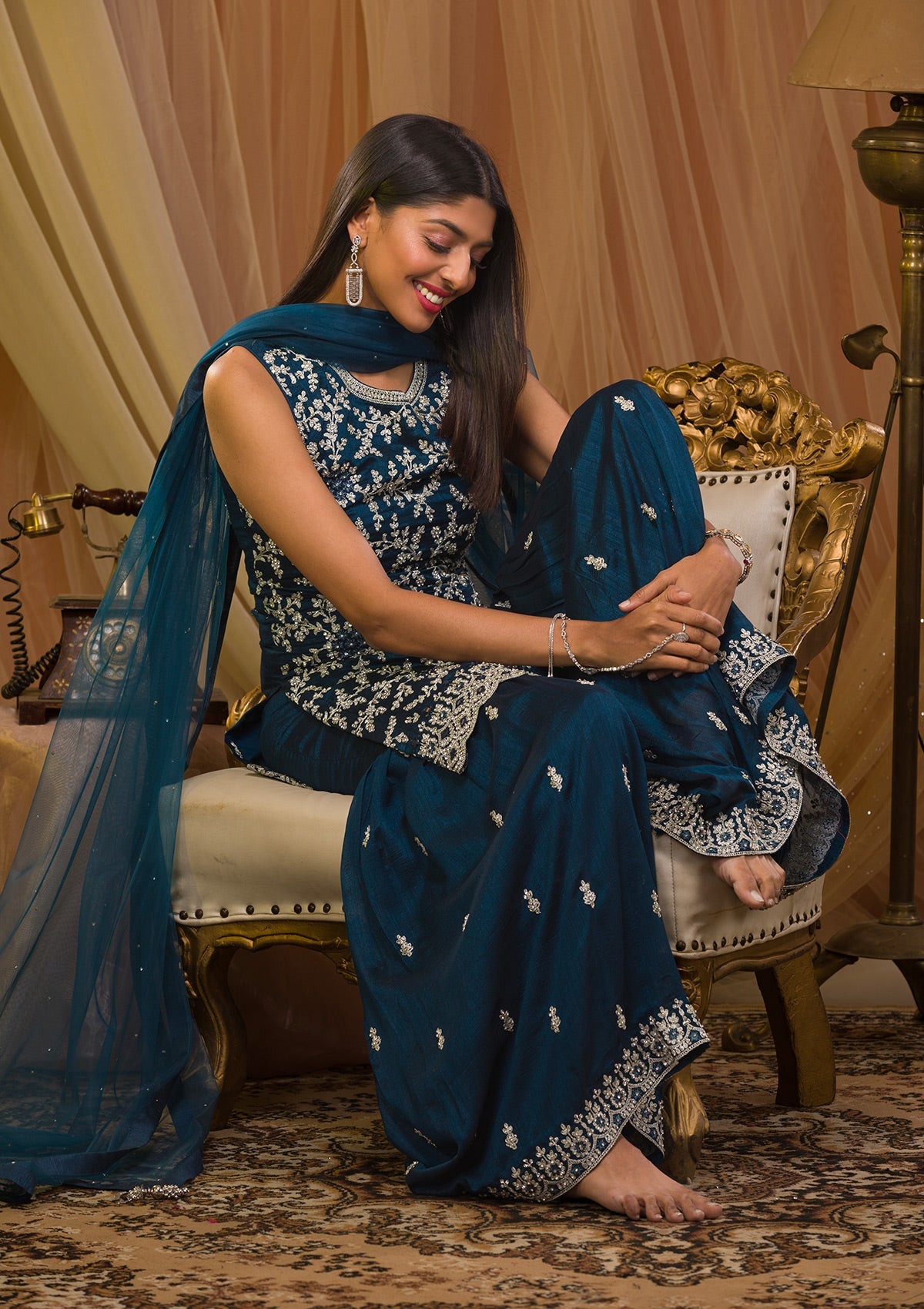 Peacock Blue Zariwork Raw Silk Readymade Sharara Suit