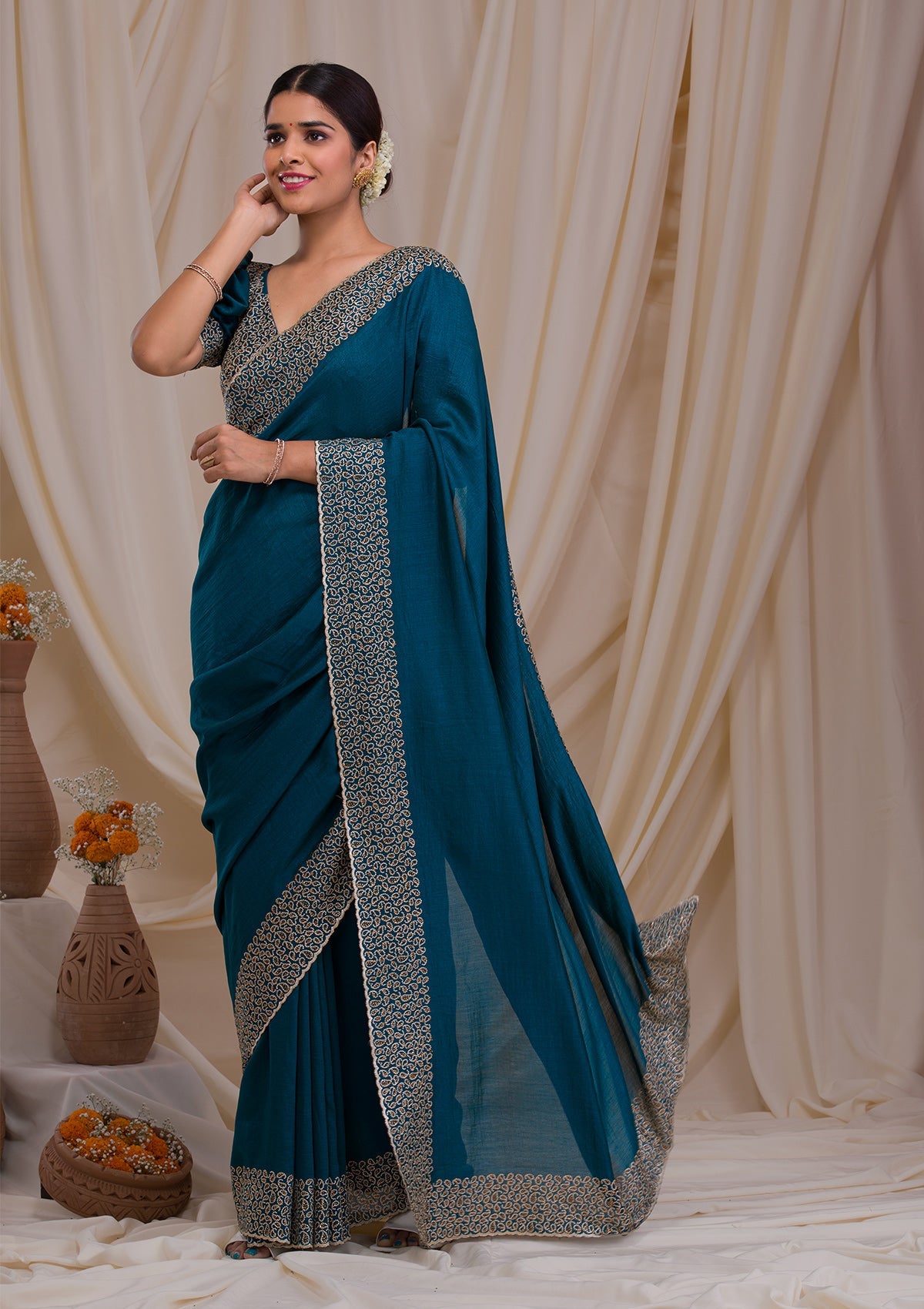 Peacock Blue Stonework Art Silk Saree