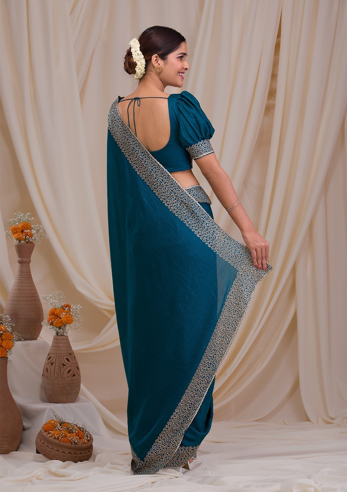 Peacock Blue Stonework Art Silk Saree