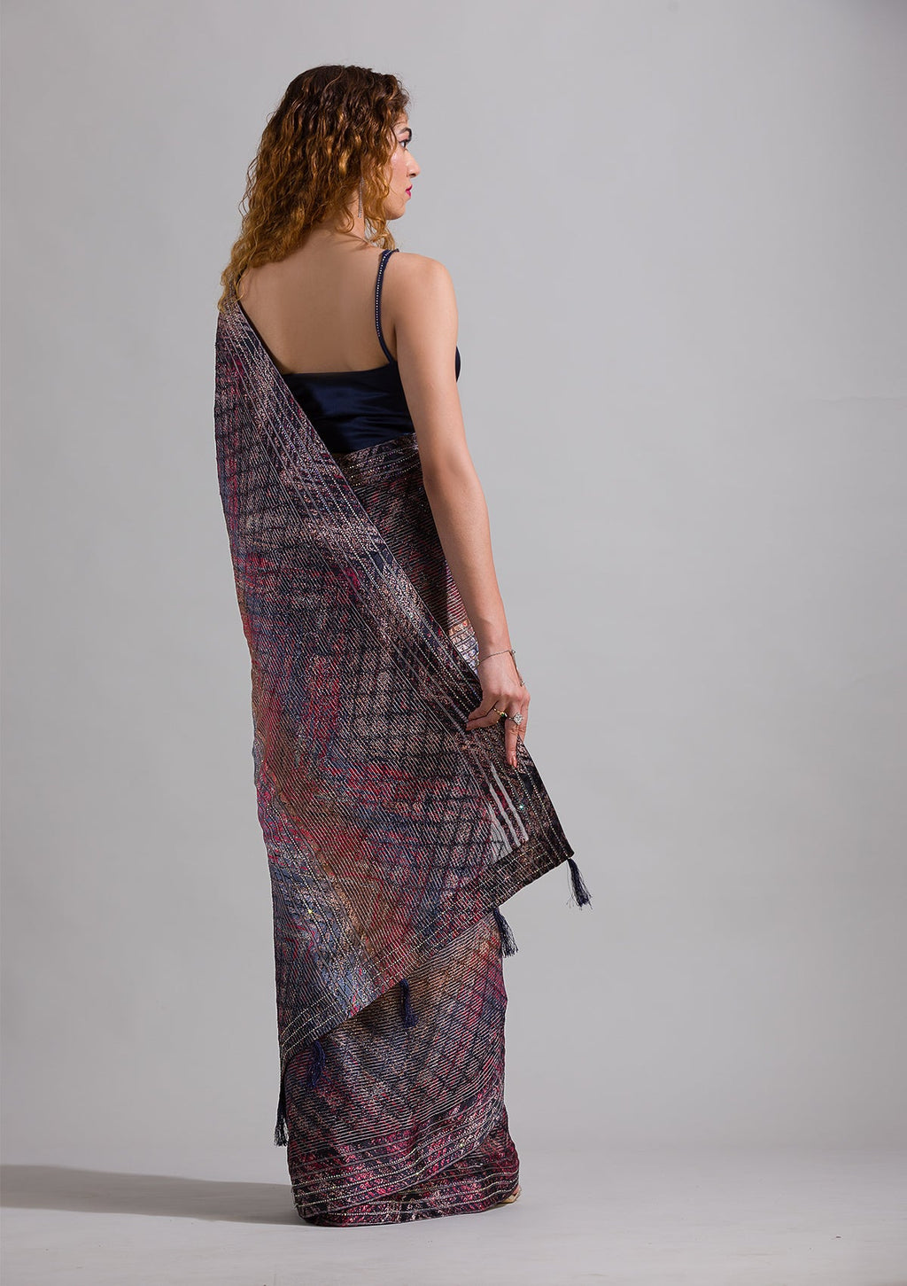 Peacock Blue Swarovski Semi Crepe Saree