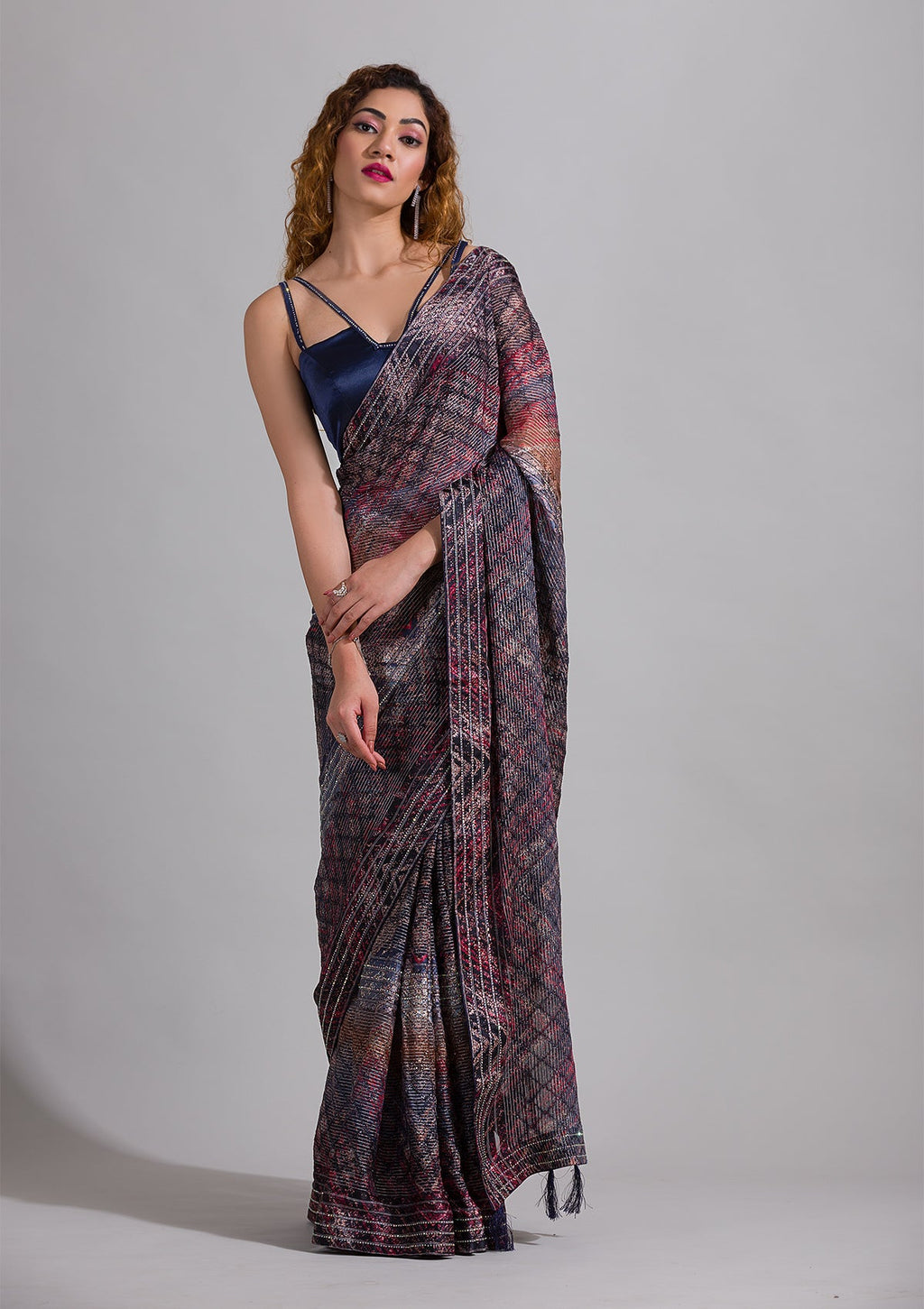 Peacock Blue Swarovski Semi Crepe Saree