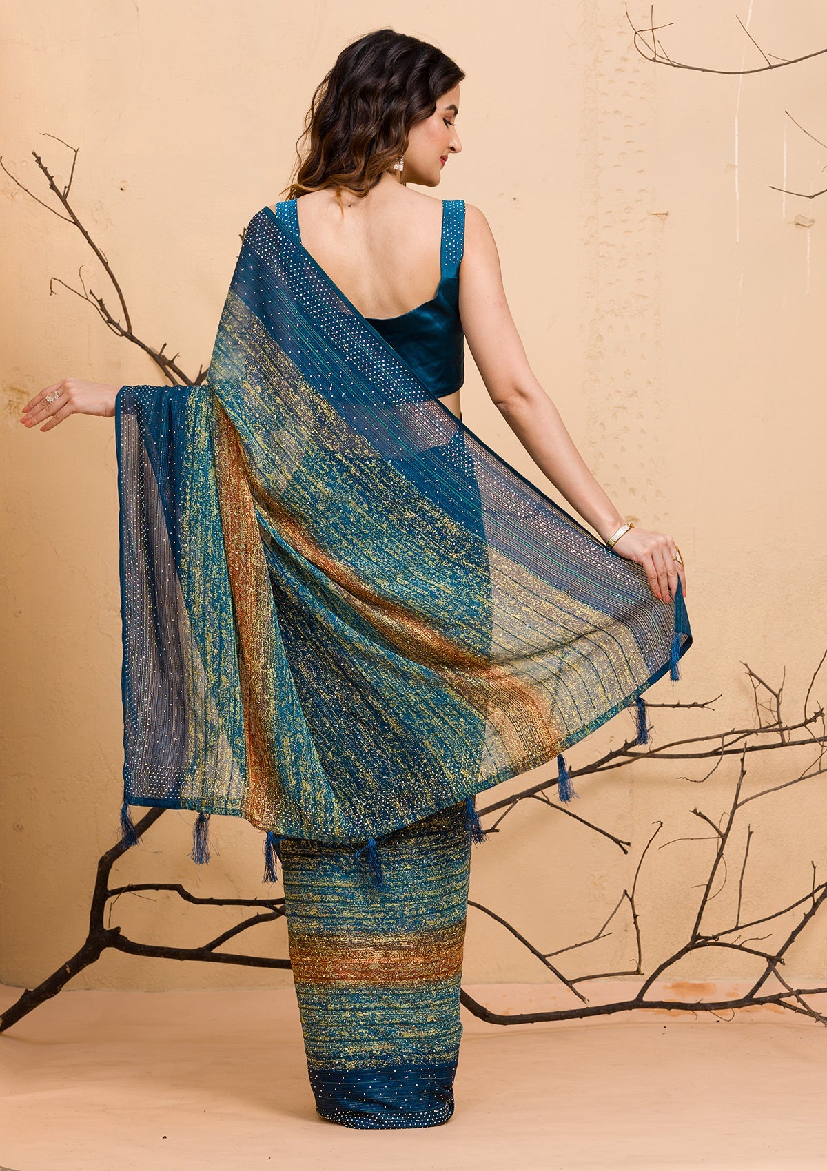 Peacock Blue Glitter Satin Saree