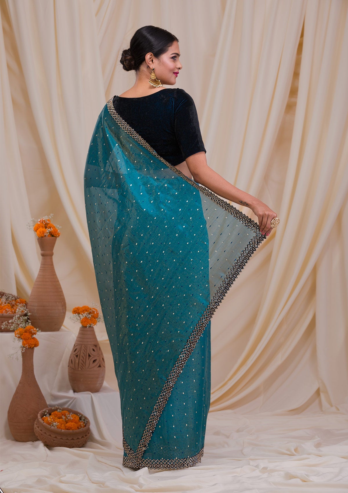Peacock Blue Swarovski Tissue Saree