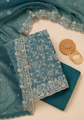 Peacock Blue Threadwork Semi Crepe Unstitched Salwar Suit