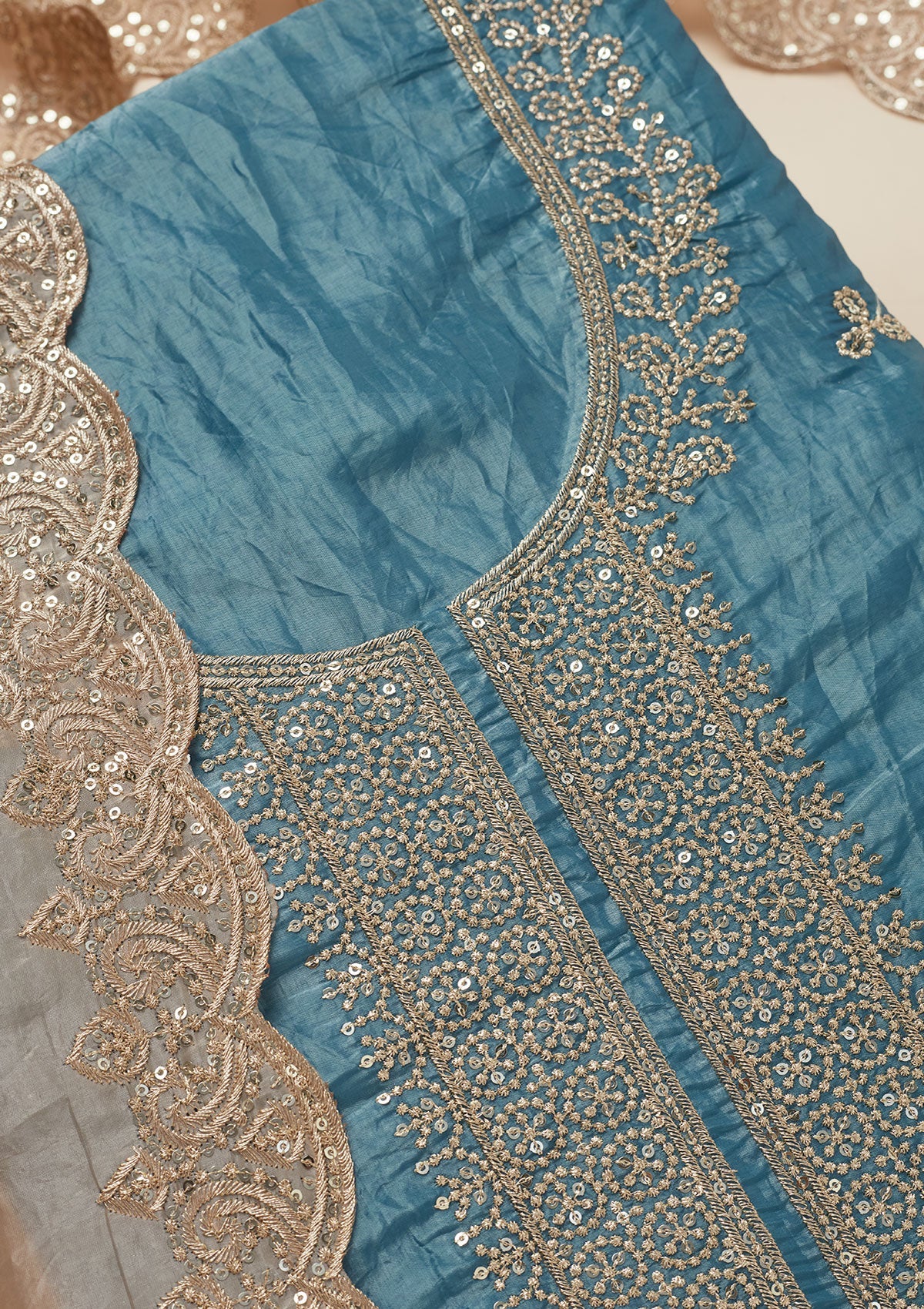Peacock Blue Threadwork Semi Crepe Unstitched Salwar Suit