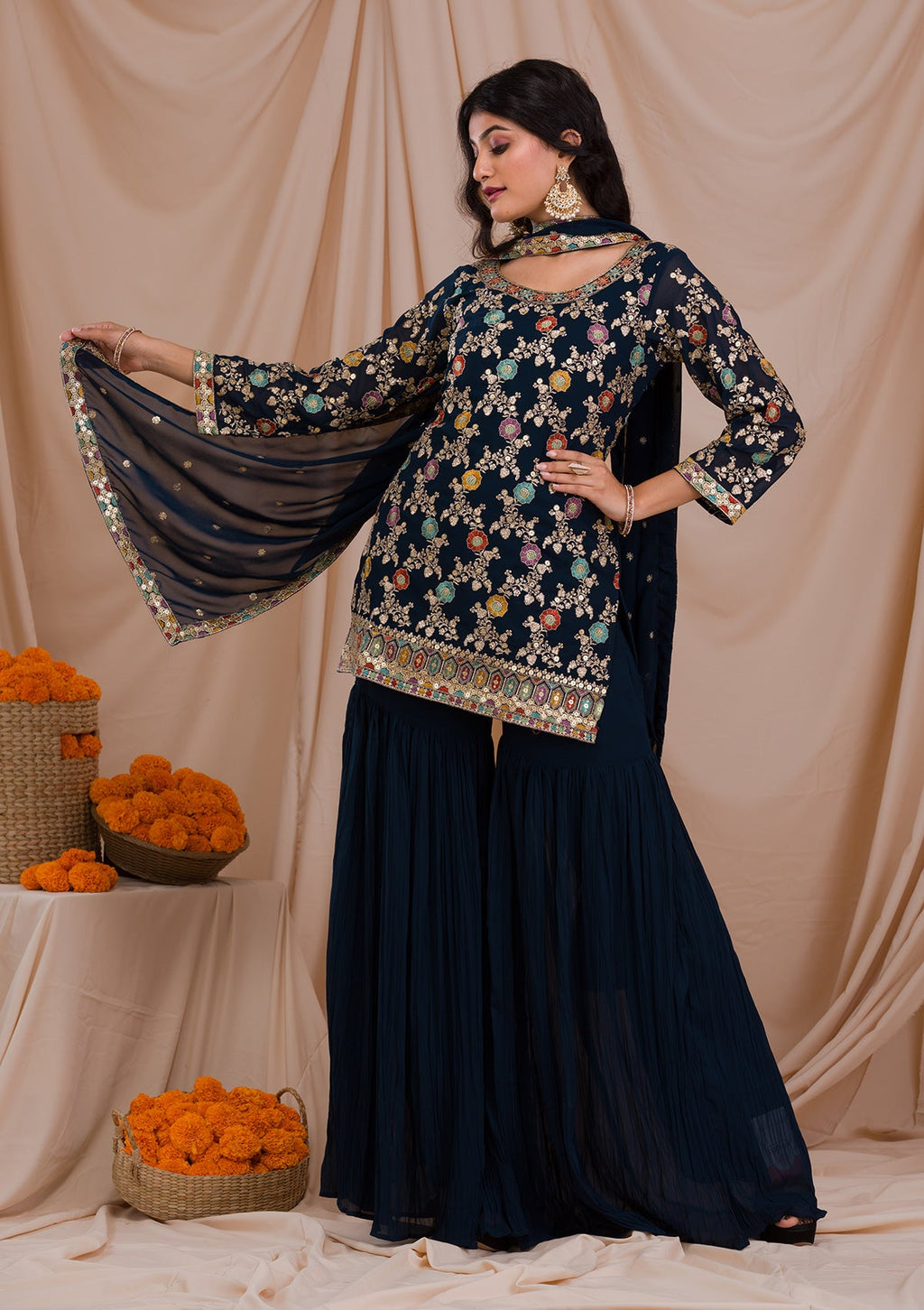 Peacock Blue Zariwork Georgette Readymade Sharara Suit