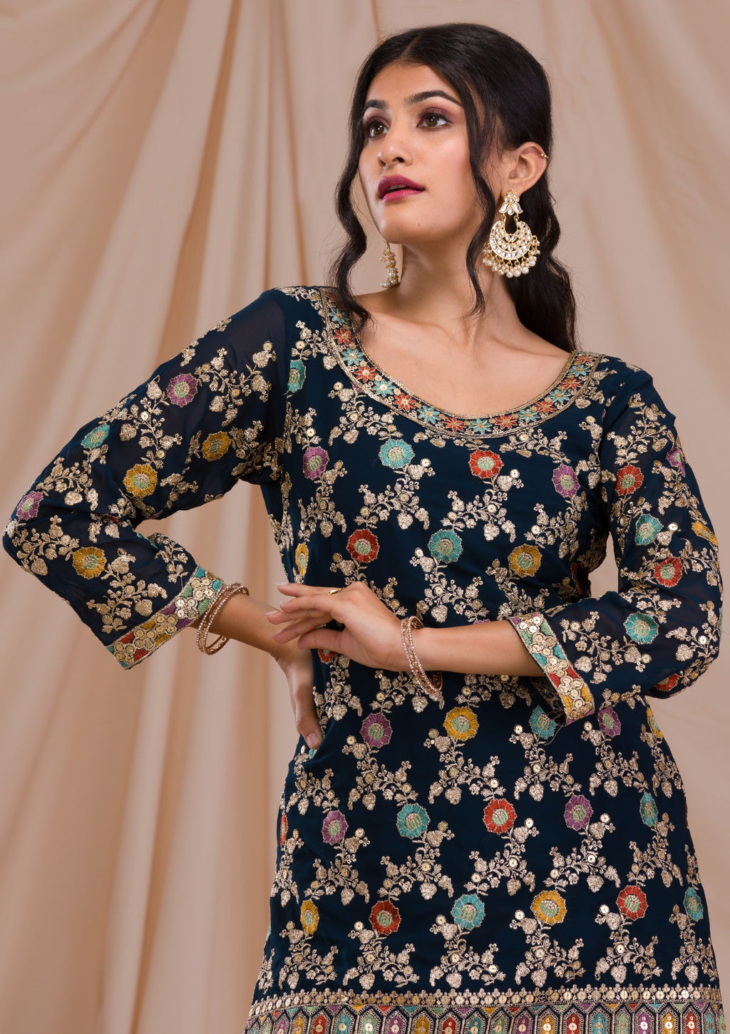Peacock Blue Zariwork Georgette Readymade Sharara Suit