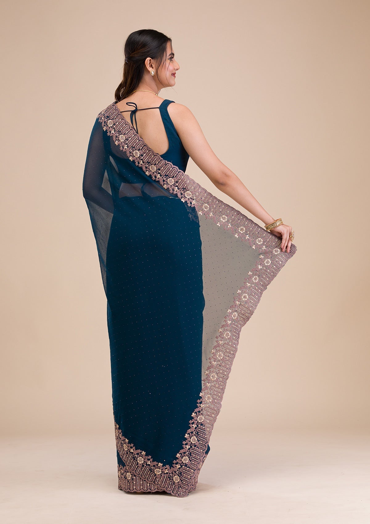 Peacock Blue Zariwork Georgette Saree