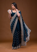 Peacock Blue Zariwork Raw Silk Saree