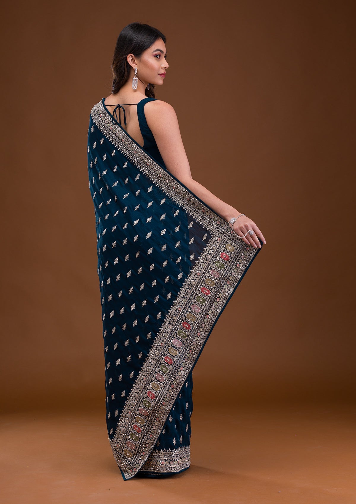 Peacock Blue Zariwork Raw Silk Saree