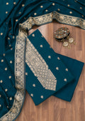 Peacock Blue Zariwork Semi Crepe Unstitched Salwar Suit