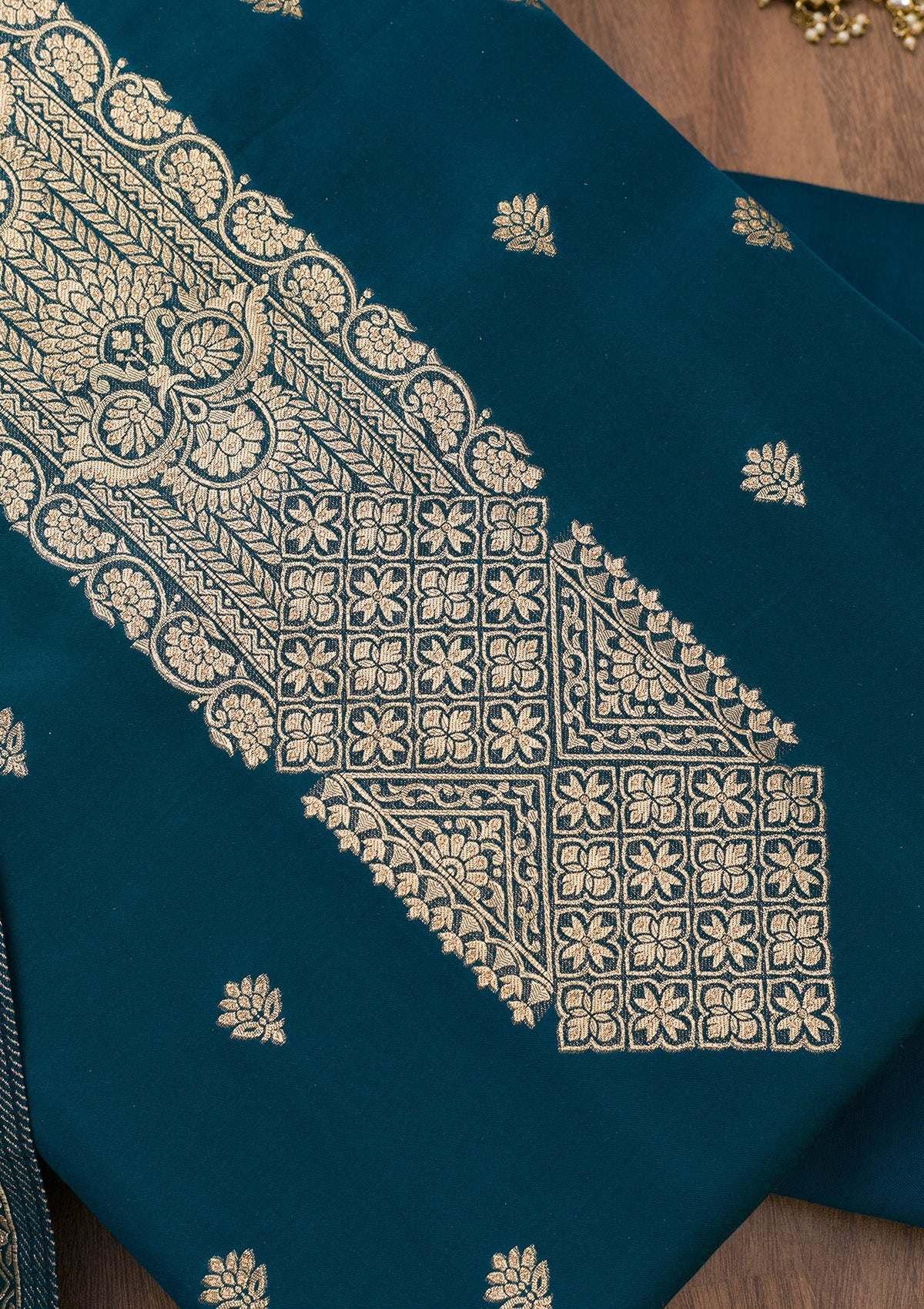 Peacock Blue Zariwork Semi Crepe Unstitched Salwar Suit