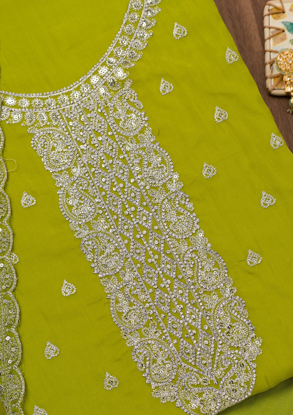 Parrot Green Zariwork Semi Crepe Unstitched Salwar Suit