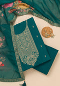 Peacock Blue Zariwork Semi Crepe Unstitched Salwar Suit
