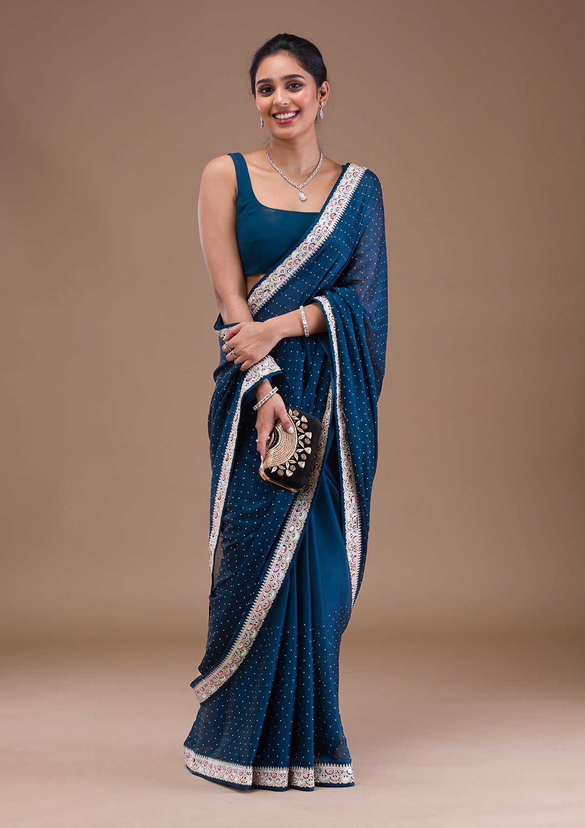 Peacock Blue Zariwork (Silver) Chiffon Saree