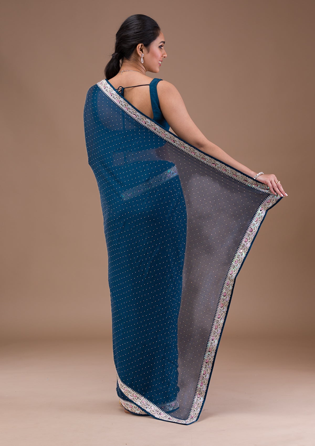 Peacock Blue Zariwork (Silver) Chiffon Saree