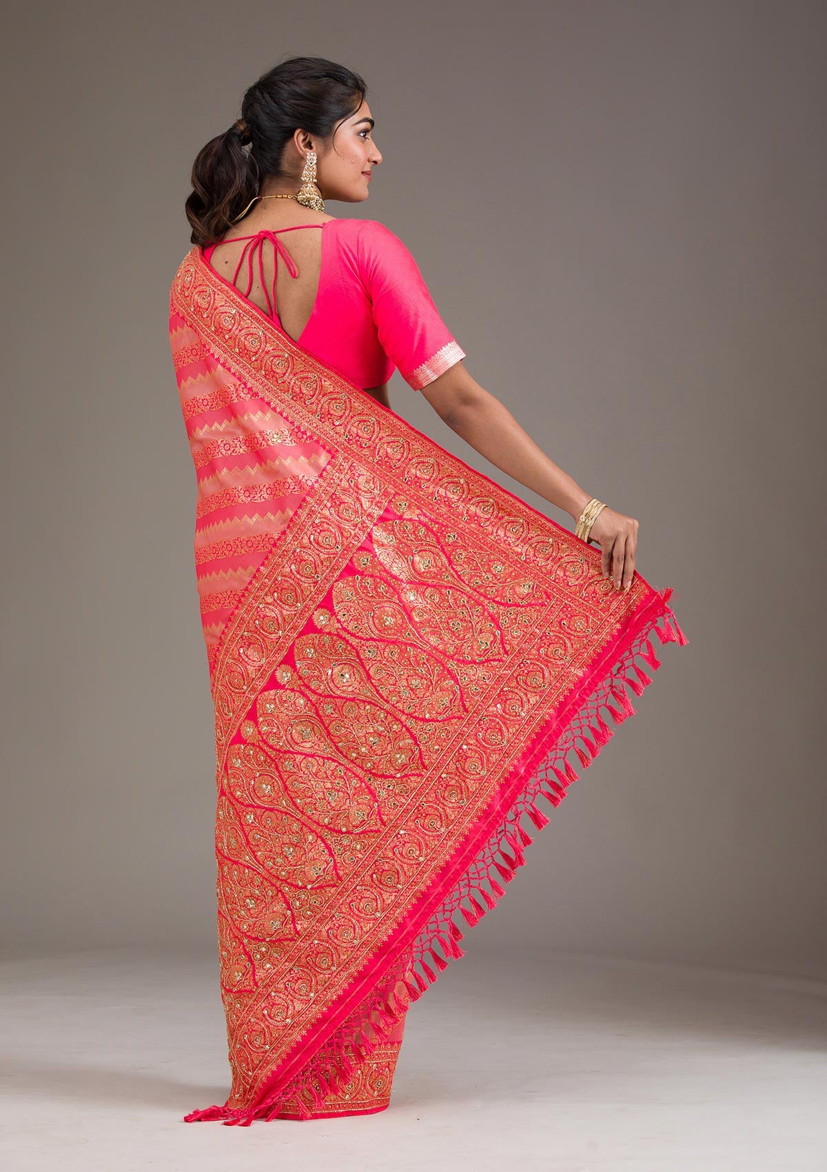 Pink Cutdana Art Silk Saree