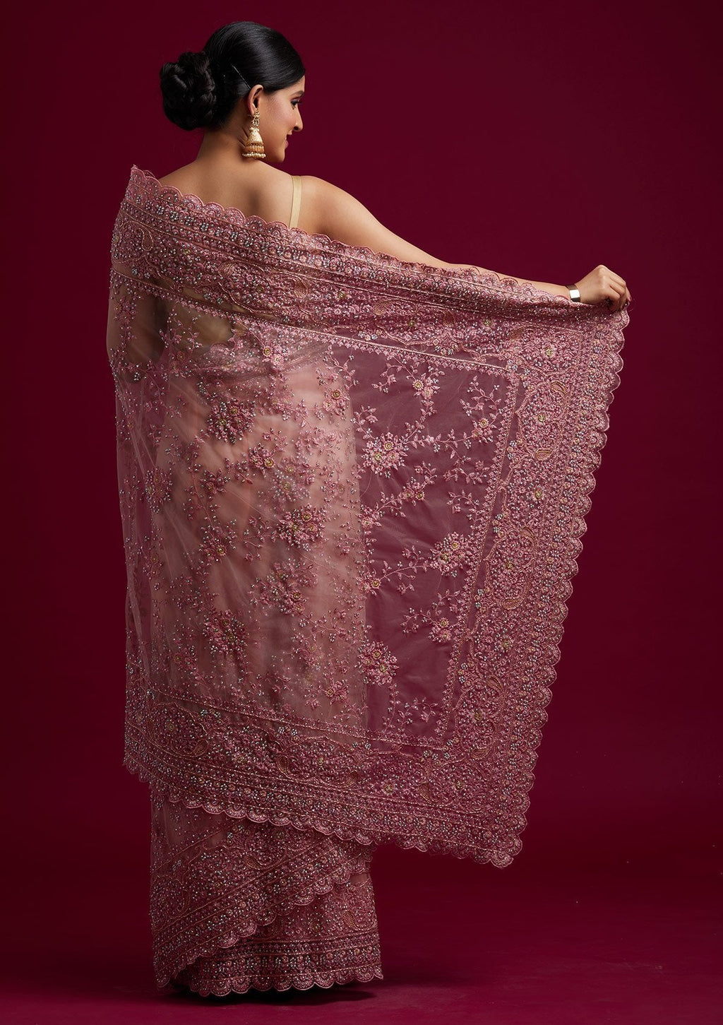 Pink Threadwork Net Designer Saree