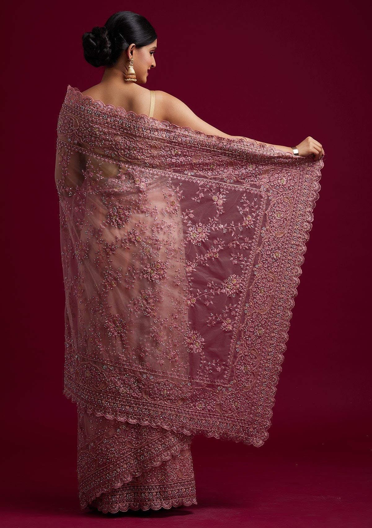 Pink Threadwork Net Designer Saree