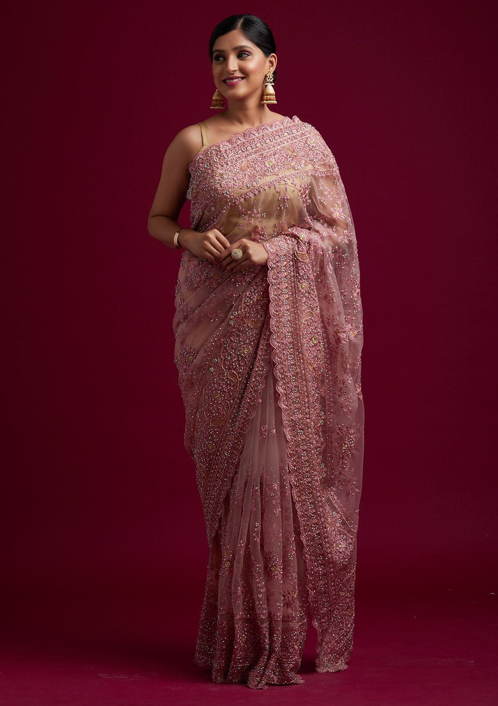 Pink Threadwork Net Designer Saree