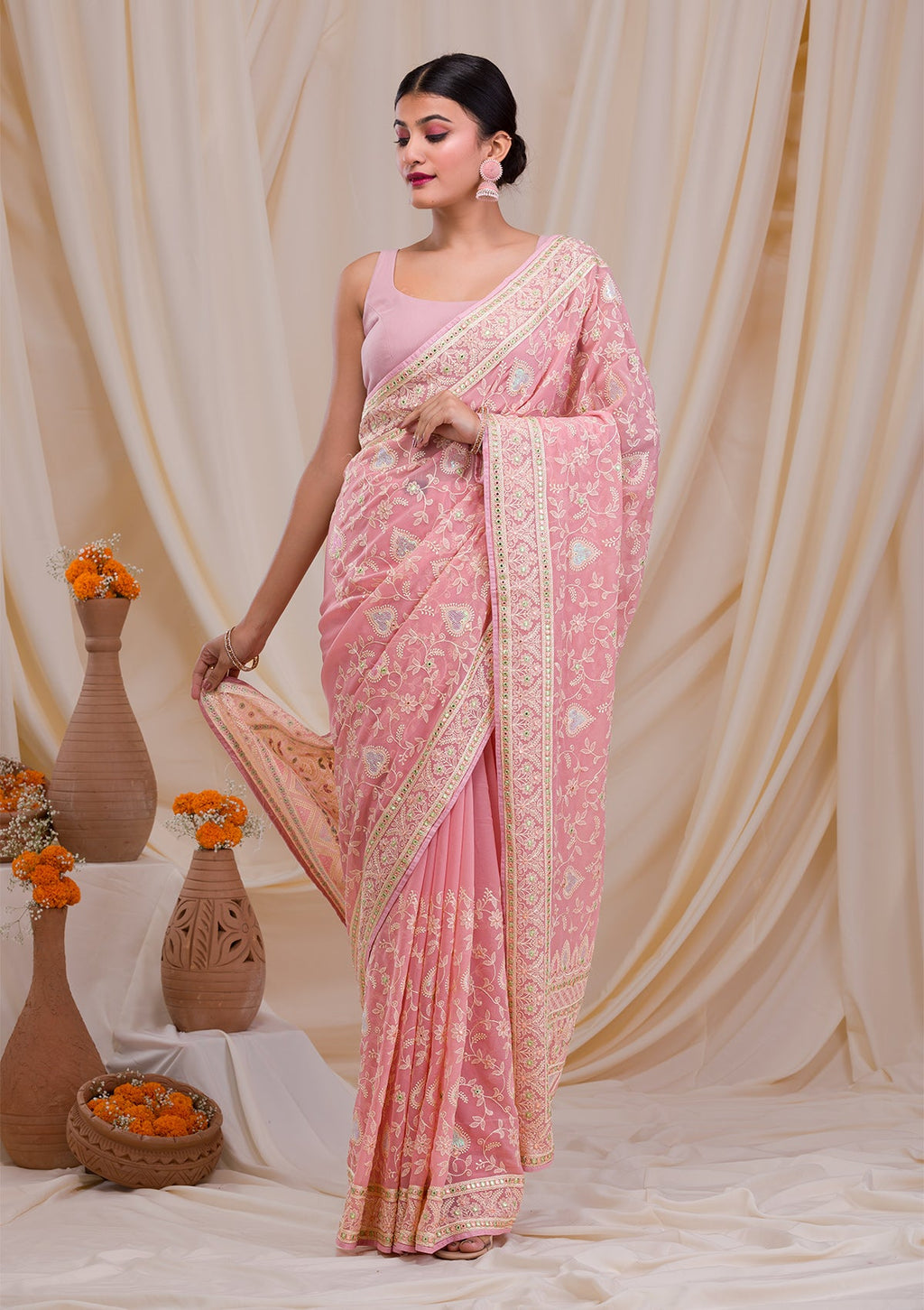 Pink Gotapatti Chiffon Saree