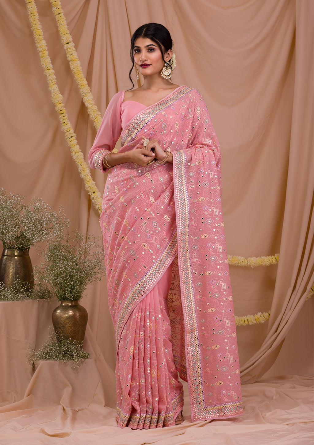 Pink Chikankari Chiffon Saree