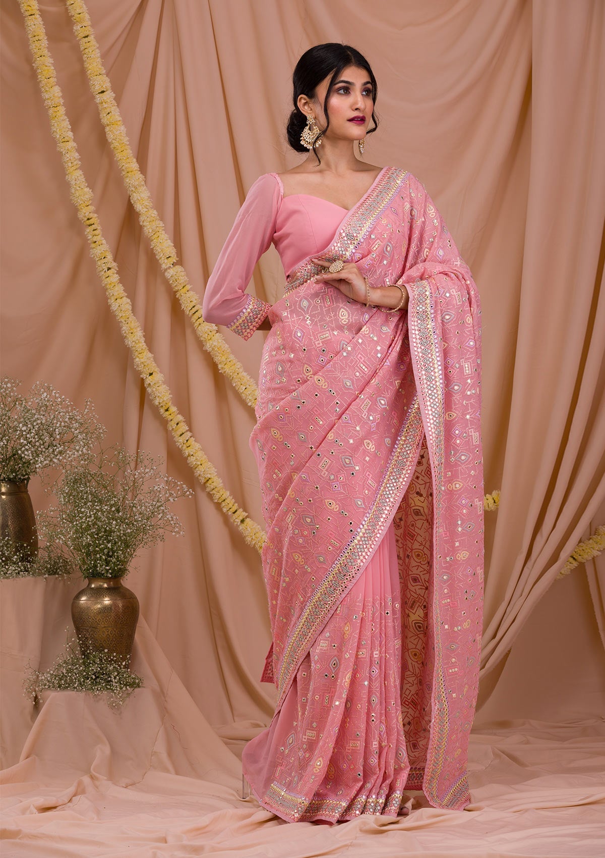 Pink Chikankari Chiffon Saree