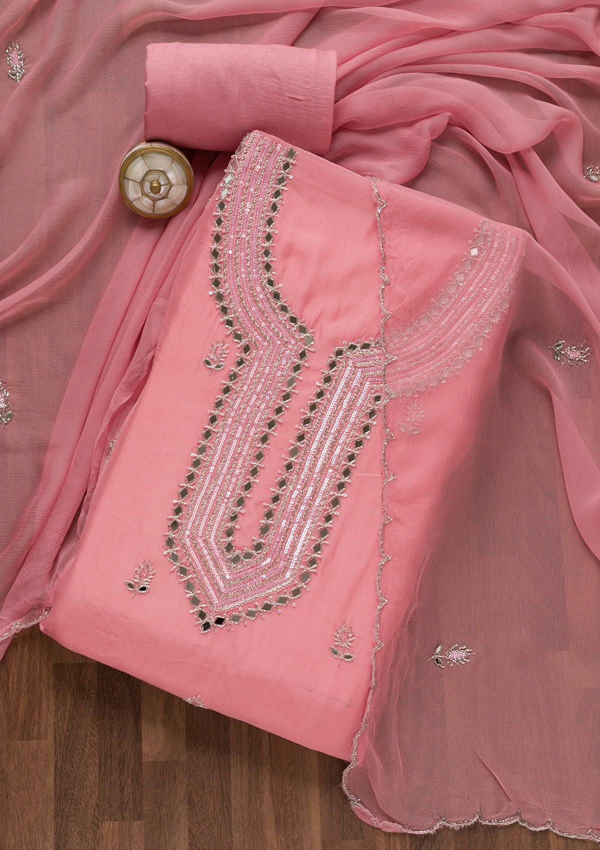 Pink Mirrorwork Organza Unstitched Salwar Suit