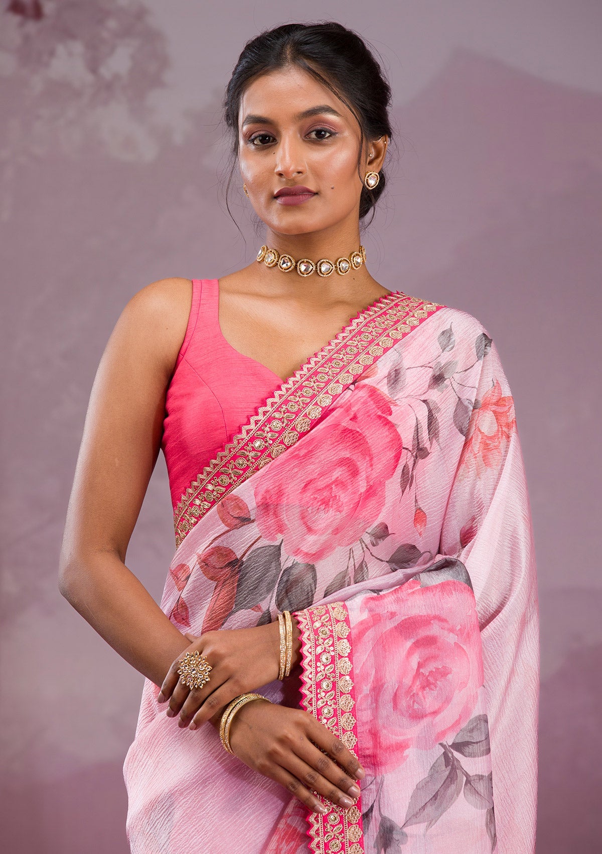 Pink Printed Georgette Saree