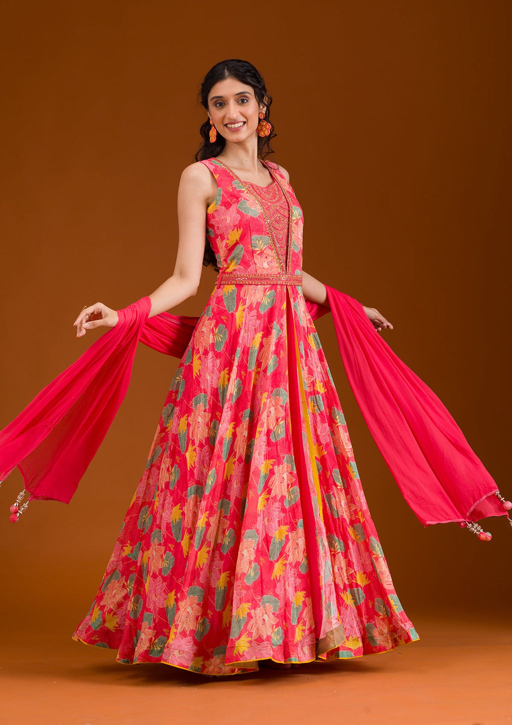 Pink Printed Semi Crepe Readymade Salwar Suit