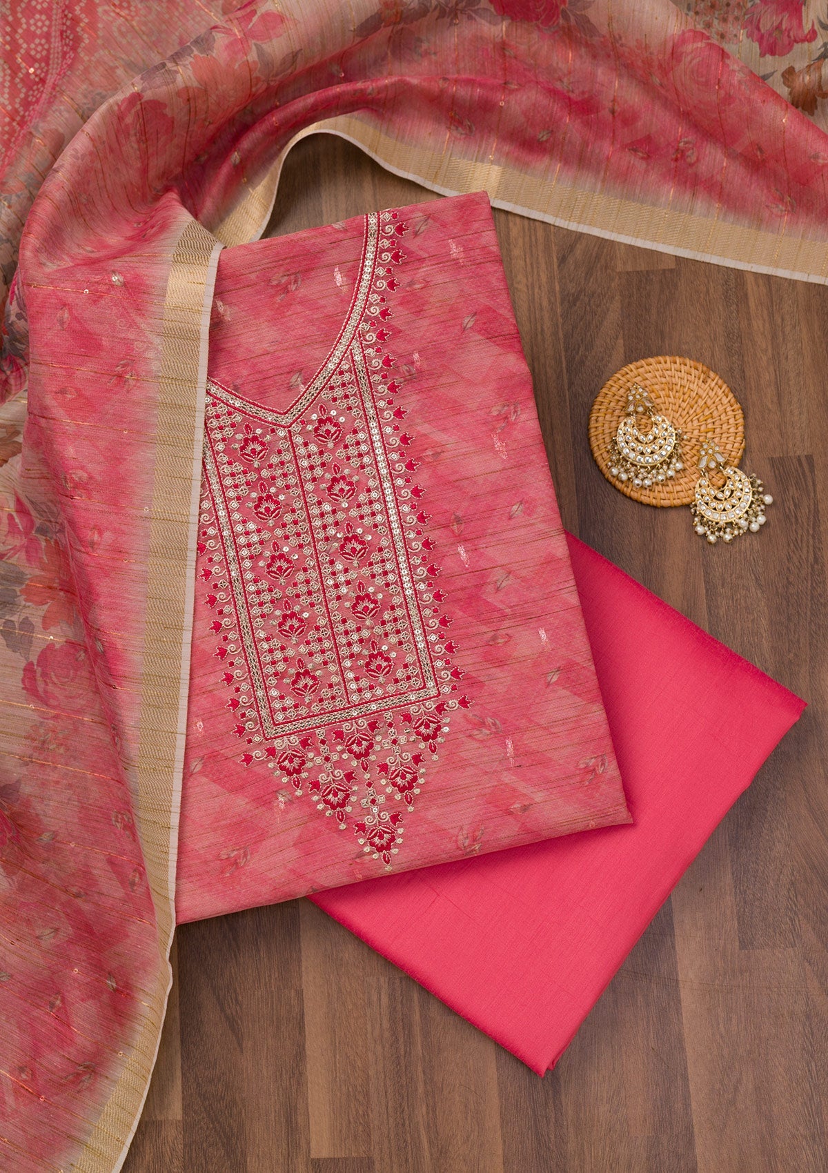 Pink Printed Raw Silk Unstitched Salwar Suit