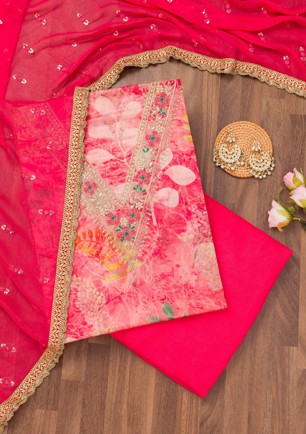 Pink Printed Semi Crepe Unstitched Salwar Suit