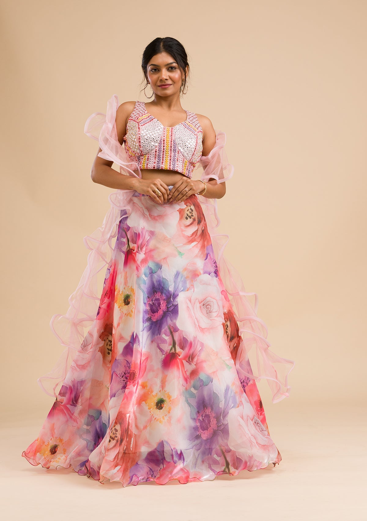 Pink Printed Tissue Readymade Lehenga