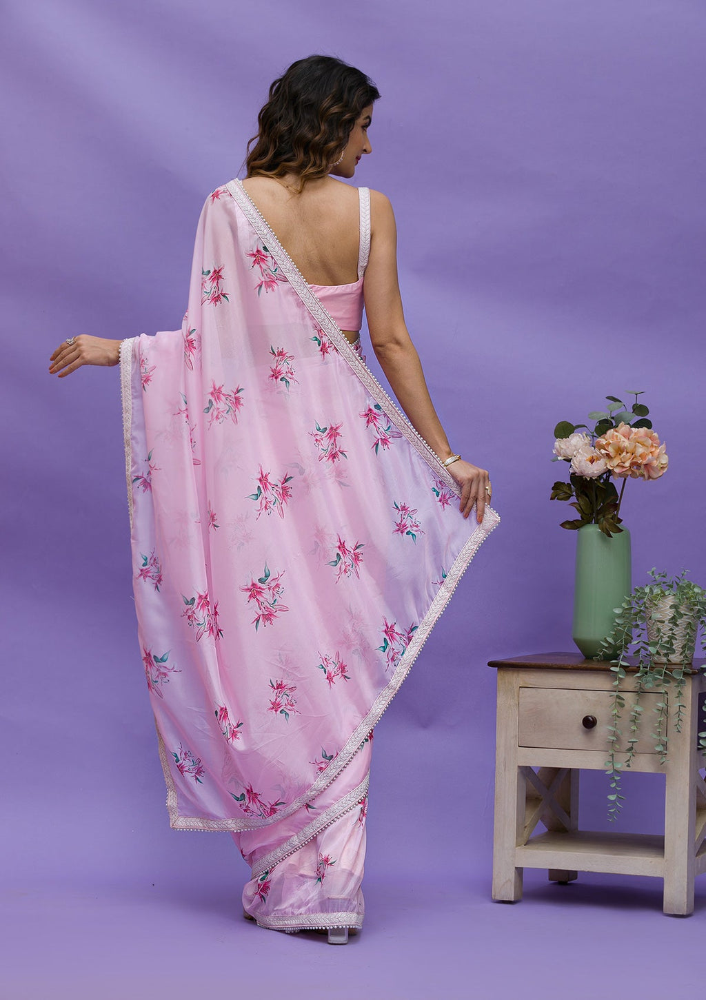 Pink Threadwork Tissue Saree
